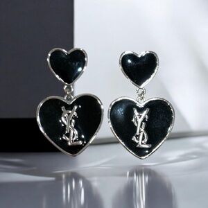 Black Heart Drop Earrings with Silver Logo